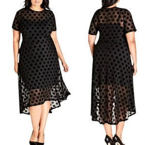 City Chic Plus Size Spot Flock Black Mesh Hi Low Midi Size 14 NWT